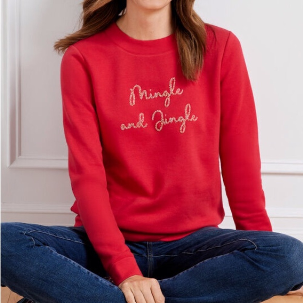 Talbots Petite Women SP Red Embellished Mingle & Jingle Crewneck Sweatshirt NWOT
